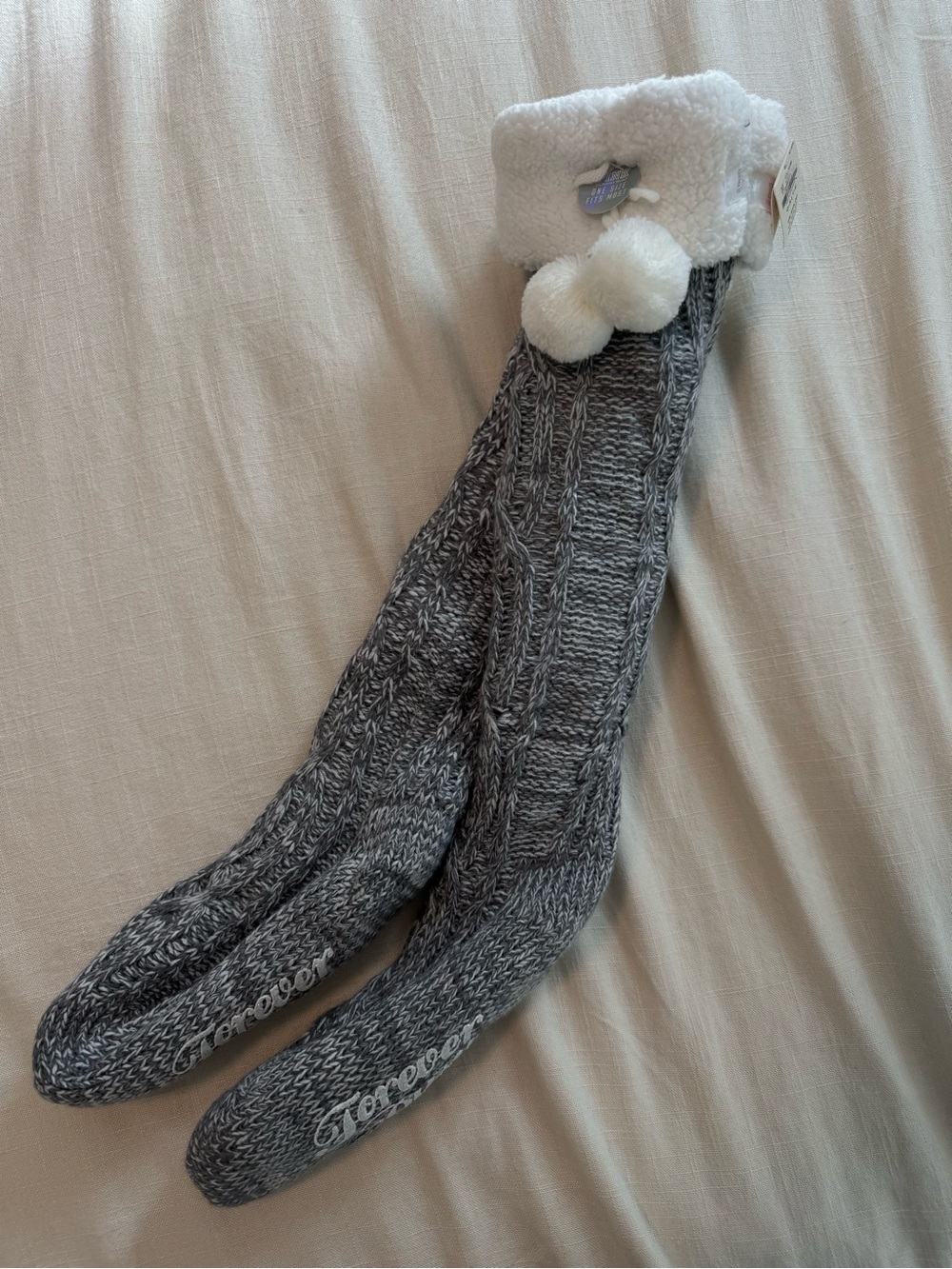 Victoria’s Secret PINK Cozy Gray Cable-Knit Fuzzy Lined Socks with Pom-Pom
